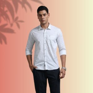 White Leaf Print Shirt Minimal Modern Buttondown Shirt for Men